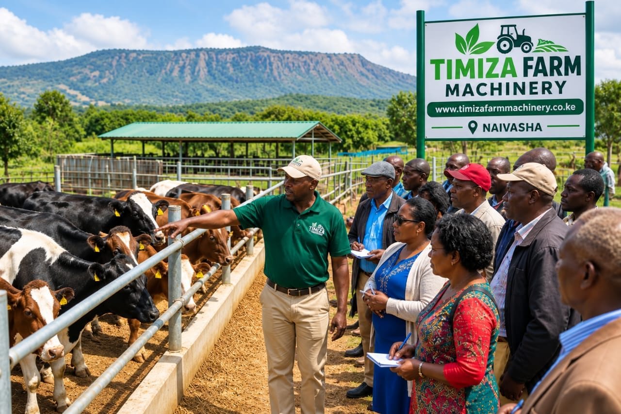 Visitors touring the cattle pens at Timiza Farm