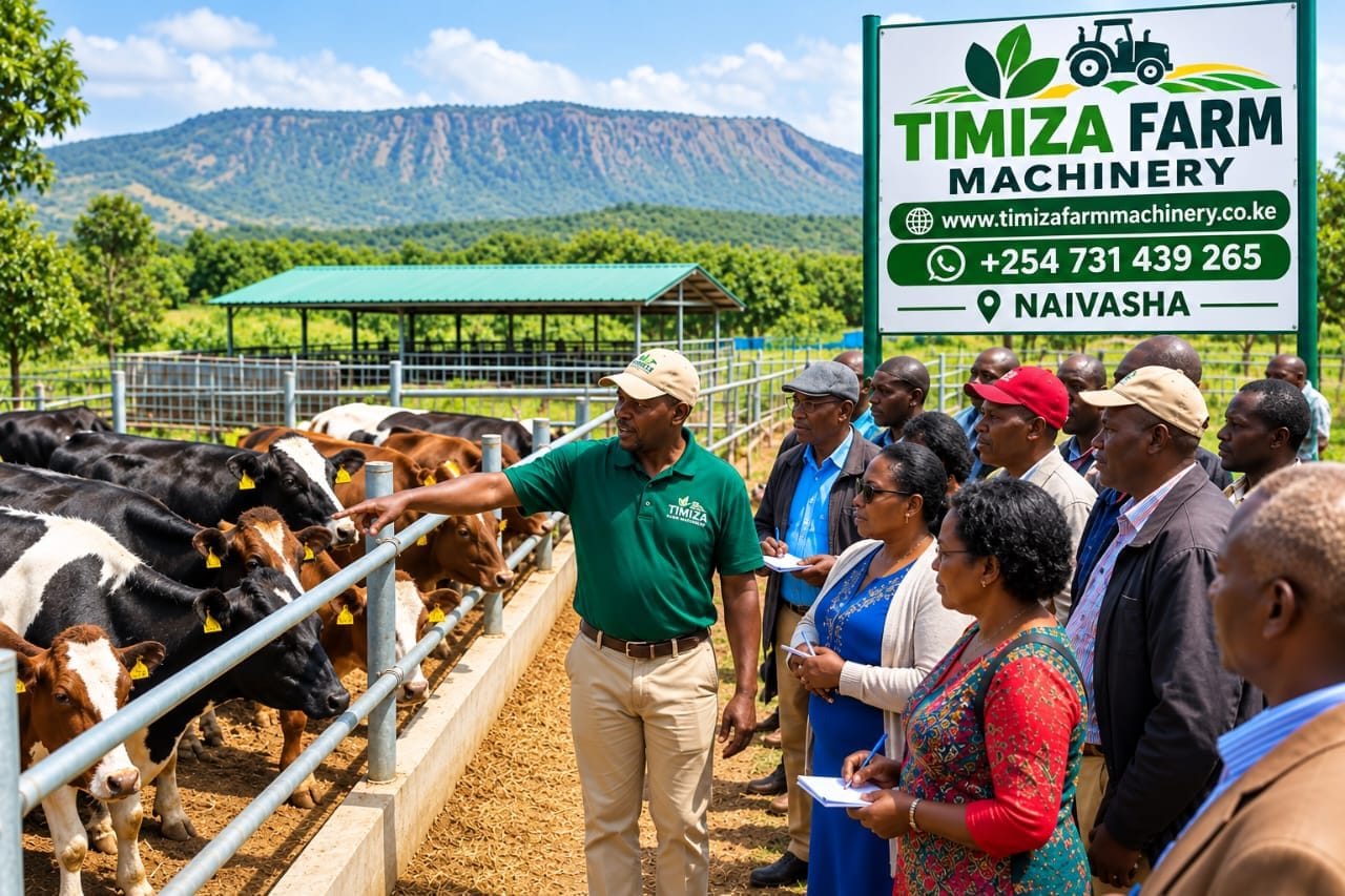 Timiza team member showing visitors the cattle pens